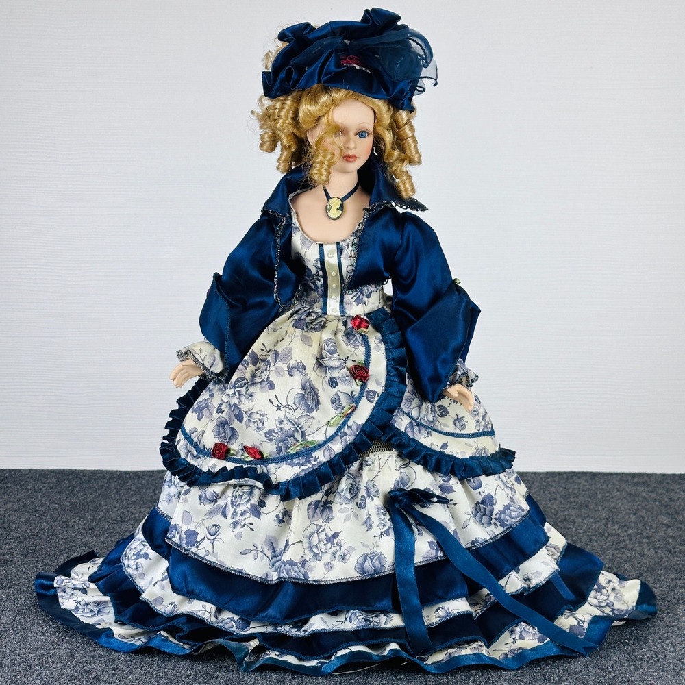 DanDee Collectors Choice Porcelain Doll Victorian Blue Floral Gown 22 Inch